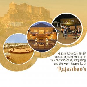Collage of Rajasthan desert experiences including forts, luxury camps, cultural performances, and stargazing.
