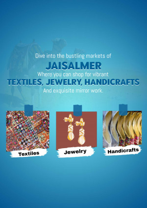 Promotional image for textiles, jewelry, and handicrafts from Jaisalmer, India.