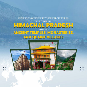 Promotional poster for tourism in Himachal Pradesh, India, featuring temples and monasteries.