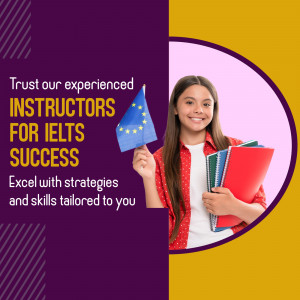 Young woman holding books and an EU flag, promoting IELTS preparation courses.