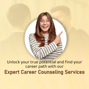 Young woman pointing to the side with text promoting career counseling services.