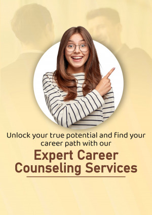 Woman pointing to the side with text promoting career counseling