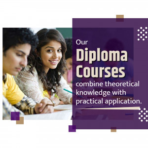 Students studying in a classroom, promoting diploma courses.