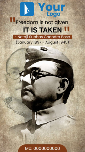 Portrait of Netaji Subhas Chandra Bose with a motivational quote.