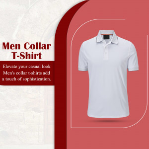 White polo t-shirt for men with a collar, displayed on a red background.