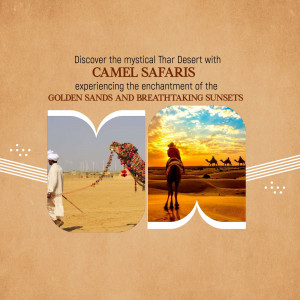 Image of camel safari in the Thar Desert with golden sands and sunset