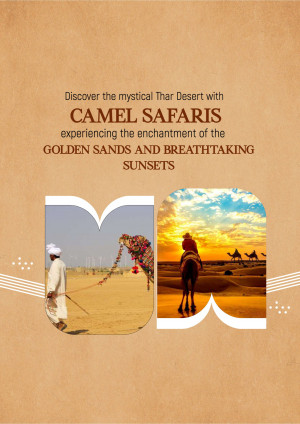 Promotional image for camel safaris in the Thar Desert, featuring camels and sunset views.