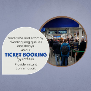 Image promoting online ticket booking to avoid queues and delays at a train station.