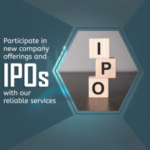 Wooden blocks spelling IPO with a blue and teal background promoting investment services.