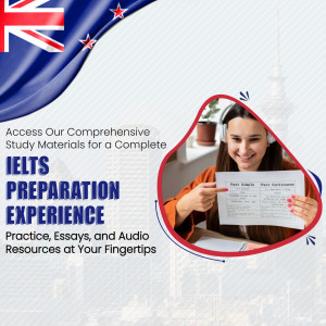 Woman studying IELTS materials with New Zealand flag in background