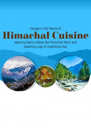 Promotional image for Himachal Pradesh cuisine featuring landscapes and traditional food.