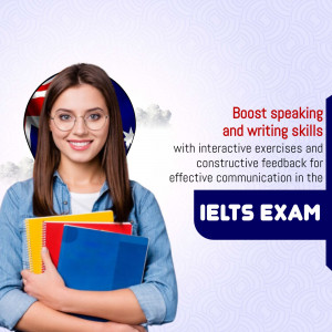 Woman holding books with IELTS exam promotion