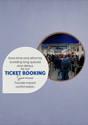 People queuing at a train station with text promoting ticket booking services.