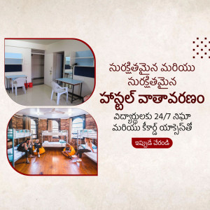 Image of a girls hostel room with bunk beds and study tables, advertising 24/7 facilities.