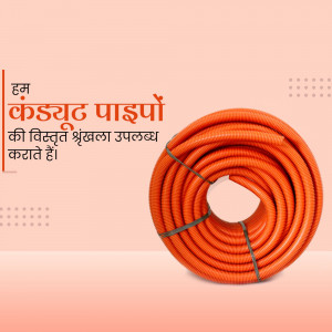 Orange conduit pipes coiled and ready for use, with Hindi text promoting electrical solutions.