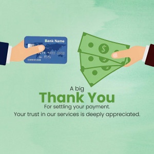 Illustration of hands exchanging money and a credit card with a 'Thank You' message.