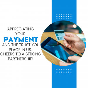 Image showing a hand holding a credit card over a tablet, with text thanking the customer for their payment.
