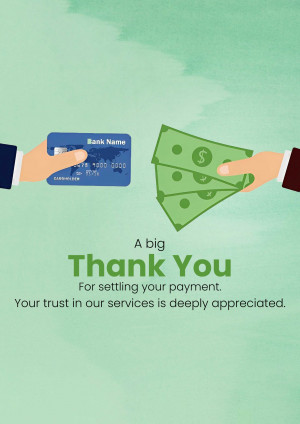 Illustration of hands exchanging money and a credit card with a thank you message.
