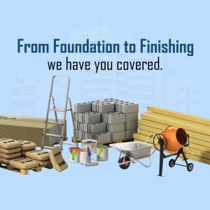 Construction materials including ladder, bricks, cement, wheelbarrow, and mixer.