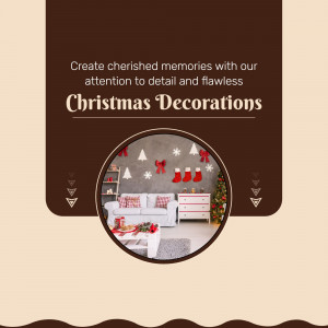 Image promoting Christmas decorations with a cozy living room scene.