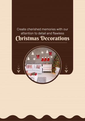 Christmas decorations displayed in a cozy living room setting with a promotional text overlay.