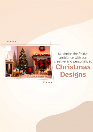 Christmas living room with a decorated tree and fireplace, promoting Christmas designs.