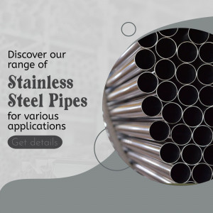 Close-up of stainless steel pipes with promotional text.