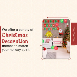 Image showcasing a variety of Christmas decorations in a living room setting with text promoting Christmas decoration themes.