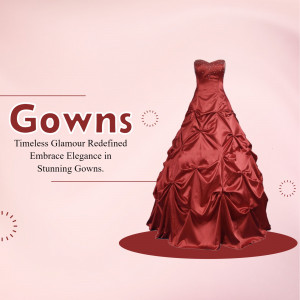 A stunning red ball gown on a pink background with text 'Gowns: Timeless Glamour Redefined'