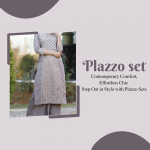 Woman wearing a grey embroidered palazzo set