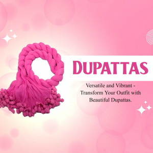 Close-up of a vibrant pink dupatta with tassels, displayed against a pink background with text.
