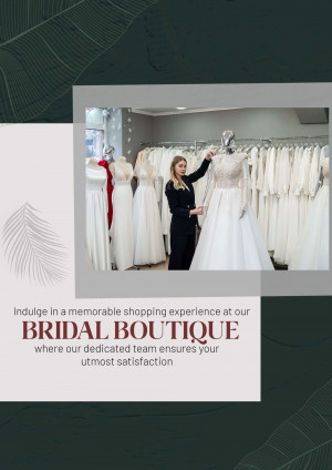Woman in a bridal boutique adjusting a wedding dress on a mannequin.