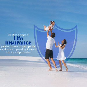 Family enjoying a beach day with a life insurance shield overlay