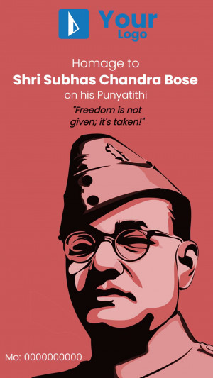 Portrait of Subhas Chandra Bose with a quote about freedom