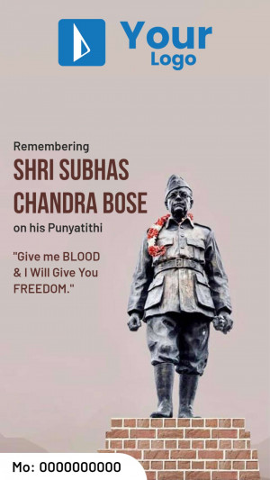 Image of a statue of Shri Subhas Chandra Bose with a quote.