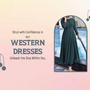 Woman wearing a dark green western dress with a floral background.