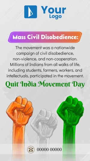 Image depicting the Quit India Movement with raised fists and text about civil disobedience.