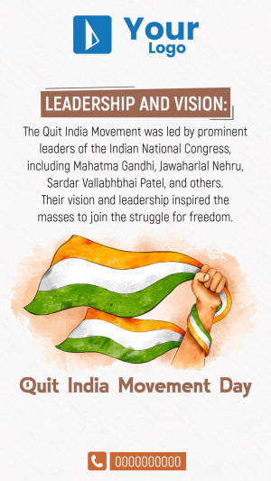 Image depicting the Quit India Movement with the Indian flag and text about leadership and vision.