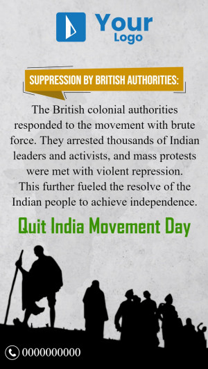 Image depicting the suppression of the Quit India Movement by British authorities with silhouettes of protestors and Mahatma Gandhi.