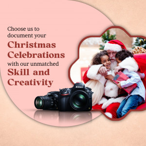 Christmas themed advertisement featuring Santa Claus with children and a Nikon camera.