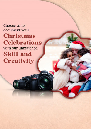 Santa Claus with children and a Nikon camera, promoting Christmas event photography services.