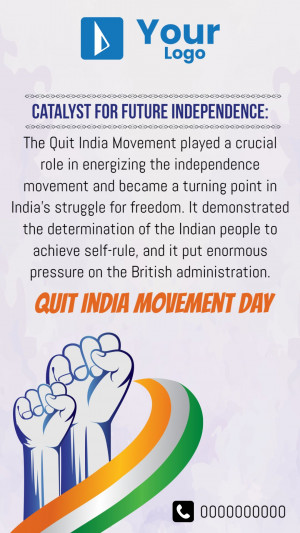 Image commemorating Quit India Movement Day with Indian flag and raised fist.