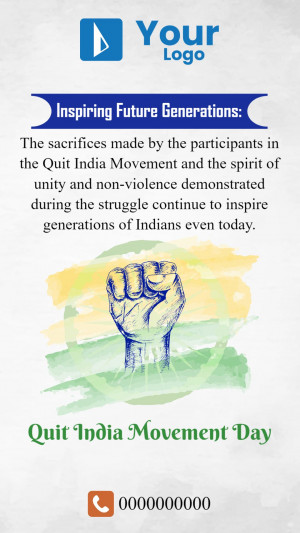 Image commemorating Quit India Movement Day with a raised fist and Indian flag colors.