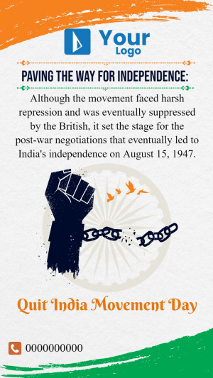 Image commemorating the Quit India Movement with a raised fist, broken chains, and the Indian flag.