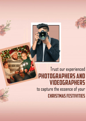 Photographer holding a camera with Christmas themed images in the background and text promoting photography services for Christmas.