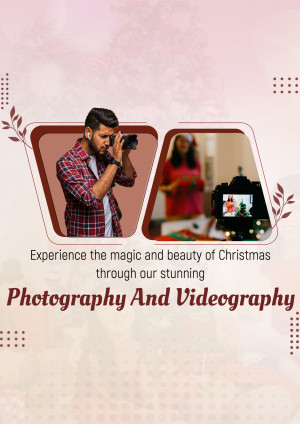 Promotional graphic featuring a photographer and Christmas scenes, advertising photography and videography services.