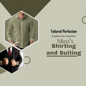 Advertisement for men's shirts and suits featuring a man in a green shirt and a man in a suit.