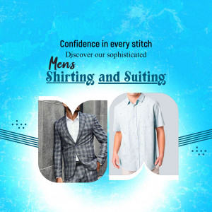 Advertisement for men's shirts and suits with a blue gradient background.