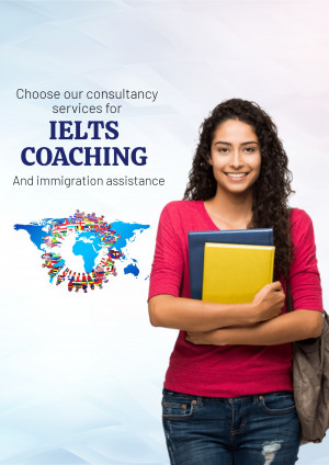 Young woman with books promoting IELTS coaching and immigration services
