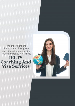 Woman holding a globe and passport with IELTS coaching advertisement